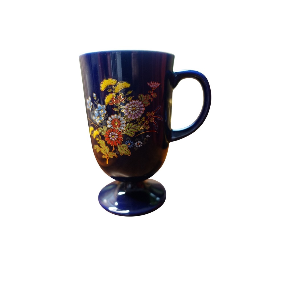 Vintage Footed Mug Floral Design Cobalt Blue‎ Ceramic Coffee Tea Cup Decorative